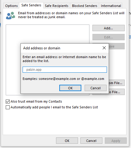 Outlook safe senders